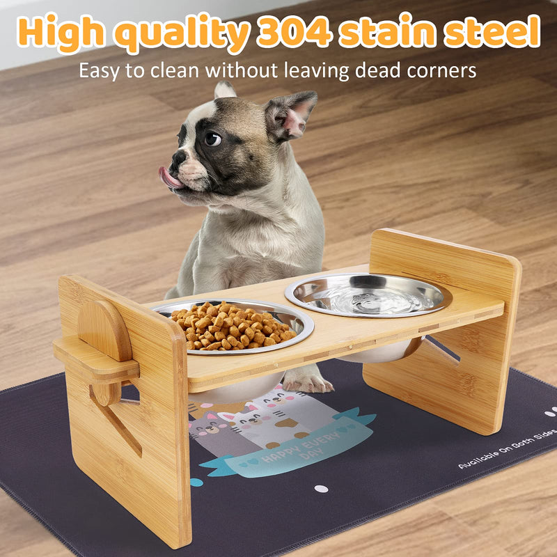 Raised Pet Bowls for Cats and Small Dogs - Adjustable Bamboo Elevated Small Dog Bowls Stand Feeder with 2 Stainless Steel Bowls and Highly Absorbent Waterproof Food Mat (Small Dog) - PawsPlanet Australia