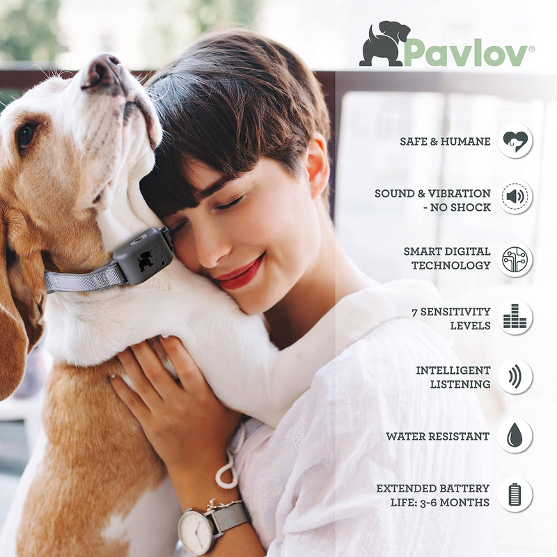 Pavlov Digital Anti Bark Collar, deterrent device to stop dogs barking, no shock only sound & vibration, safe & humane, no bark training for small medium & large dogs, water resistant and lightweight M/L - PawsPlanet Australia