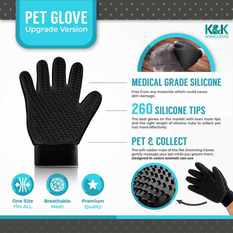 KENNELS & KATS New Version K&K Pet Grooming Gloves, Premium Deshedding Glove for Easy, Mess-Free Grooming of Cats, Dogs, Rabbits and Horses with Long/Short/Curly Fur Black Single - Right Hand One Size Fits All - PawsPlanet Australia