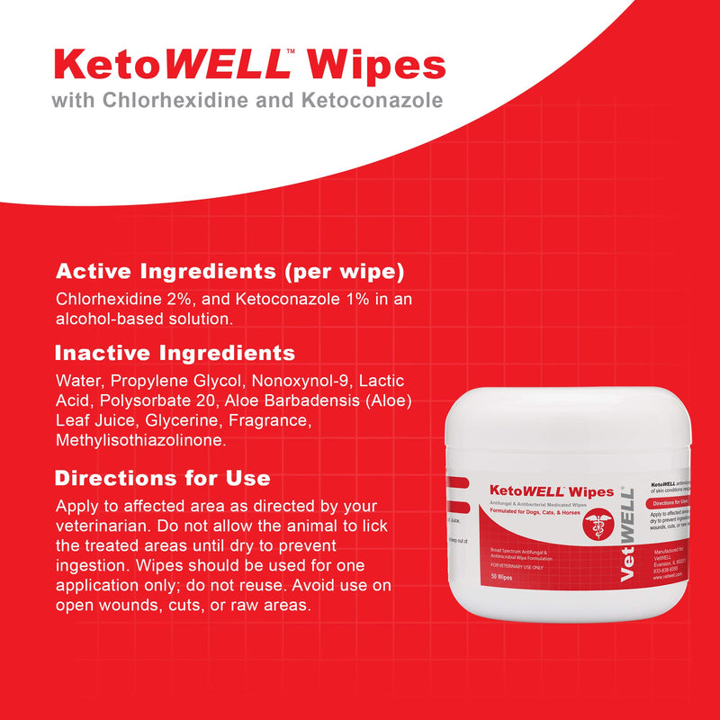 KetoWELL Chlorhexidine Wipes with Ketoconazole for Dogs & Cats Medicated Pet Wipes for Hot Spots, Infections, Acne & Pyoderma - 50 Count - PawsPlanet Australia