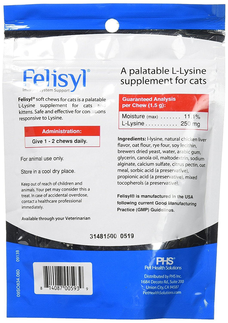 Felisyl Immune System Support for Cats - Amino Acid L-Lysine - Produce Antibodies - Healthy Tissue, Respiratory Health, Vision - 60 Soft Chews - PawsPlanet Australia