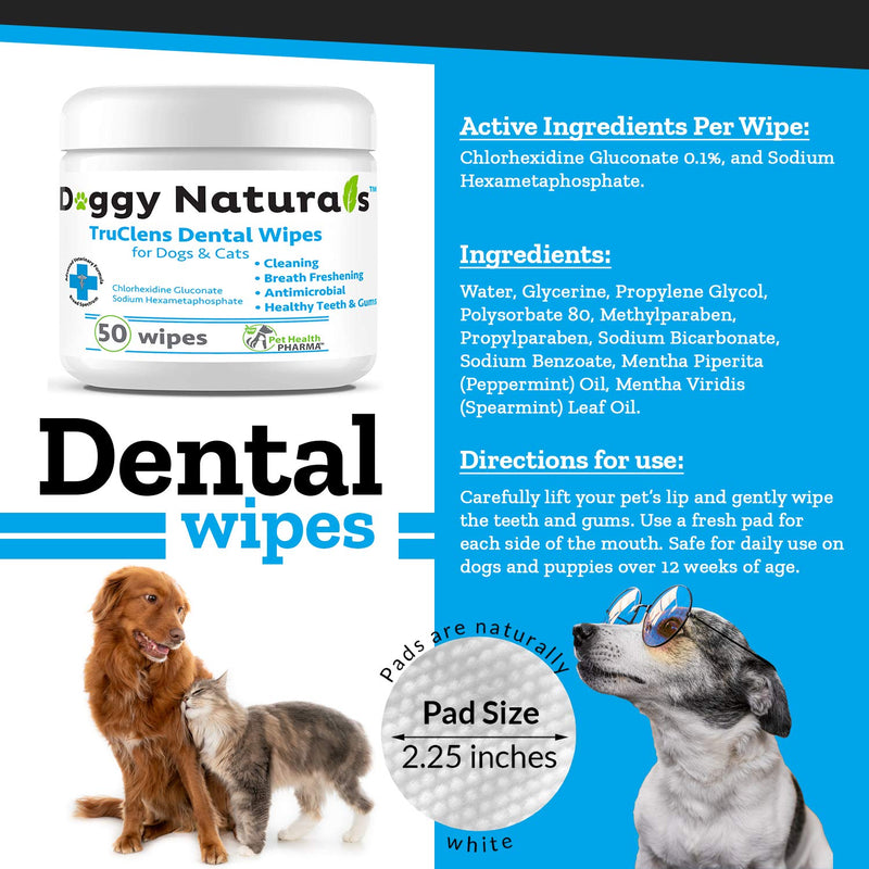 Dental Wipes for Dogs and Cats | Pads with Chlorhexidine and Sodium Hexametaphosphate Remove Plaque Tartar Buildup Calculus and Bad Breath, Preventing Tooth Decay 2 x 50 Wipes (2 Pack ) - PawsPlanet Australia
