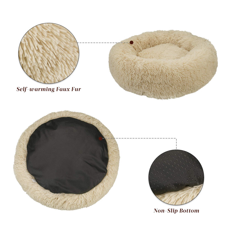 Qucey Dog Cat Bed Soft Comfortable Faux Fur Donut Cuddler, Self-Warming Fluffy Dog and Cat Calming Cushion Bed with Non-Slip Bottom for Joint-Relief and Improved Sleep 23" Beige - PawsPlanet Australia