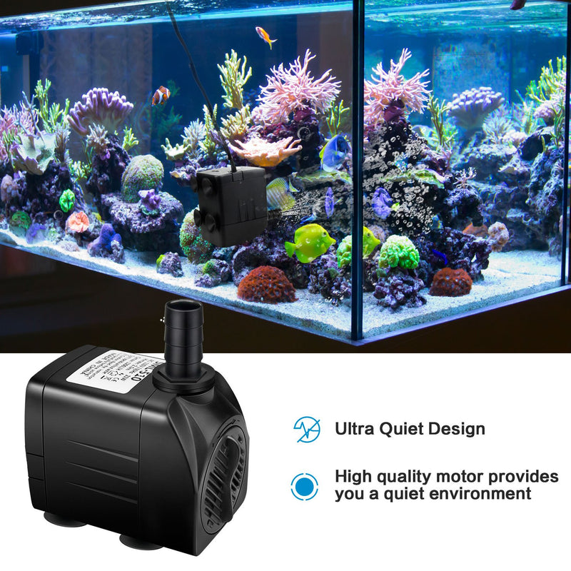 Jhua Fountain Pump 300GPH (1200L/H, 21W) Submersible Water Pump, Ultra Quiet Fountain Pumps Submersible Outdoor with 5.9ft Power Cord, 3 Nozzles for Aquarium, Fish Tank, Pond, Statuary, Hydroponics - PawsPlanet Australia