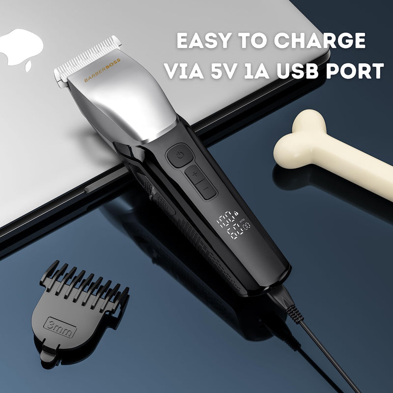 BarberBoss Dog Groomer with 8 Comb Attachments, Slim Design with 4 Speed Settings, 100% Waterproof, R-Shaped Ceramic Head, LED Display, Cordless Clipper for Dogs & Cats, QR-9083 - PawsPlanet Australia