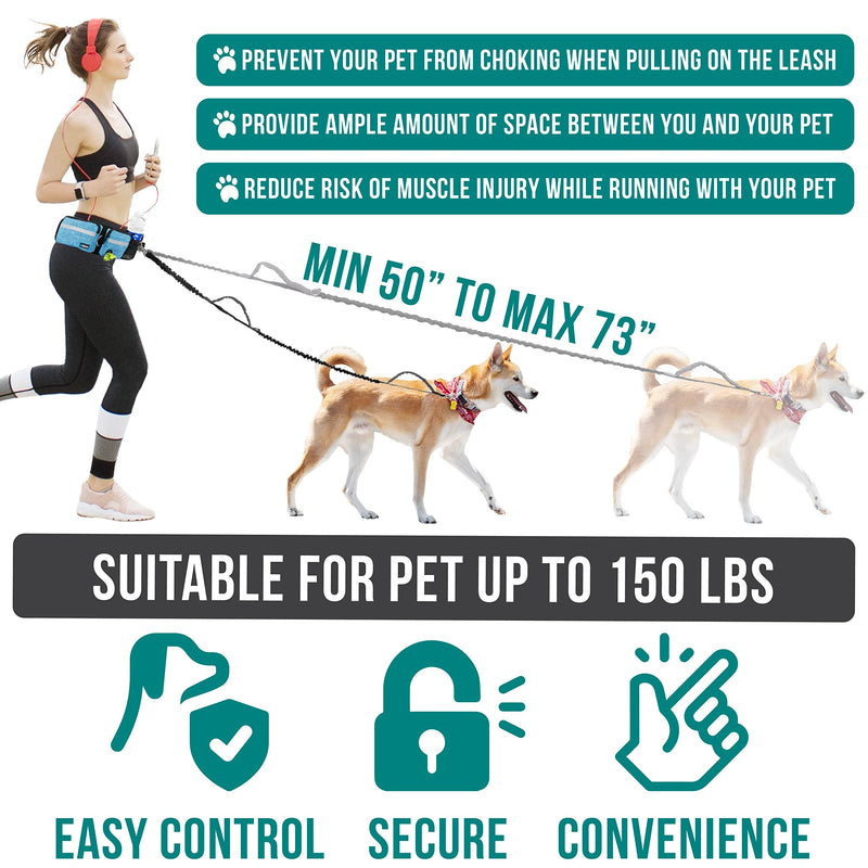 PetAmi Hands Free Dog Leash, Dog Running Leash Belt Bag for Walking, Jogging, Dog Waist Double Zipper Pouch with Poop Bag Dispenser, Dual Padded Handles Reflective Bungee Leash, Double 2 Leashes Turquoise - PawsPlanet Australia