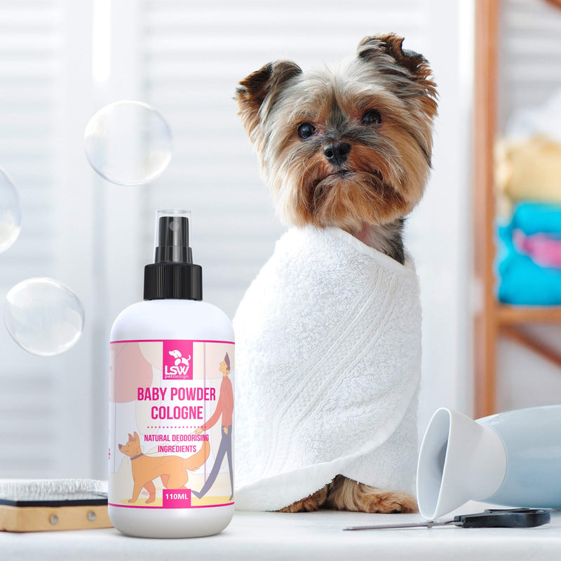 LSW Pet Design Deodorizing Pet Cologne Spray - Baby Powder Fragrance - Pet Perfume with Vitamins - Odor Control & Neutralizing Deodorant Spray for Dogs - Replenishes Skin & Coat - Made In UK - 110ml Baby Powder Fragrance 110ml - PawsPlanet Australia