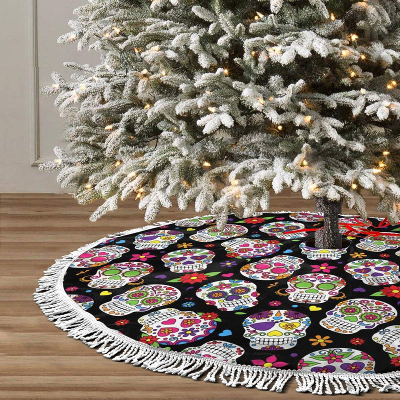 MSGUIDE Sugar Skull Christmas Tree Skirt with Tassel, Xmas Tree Mat Base Cover Christmas Ornament for Festive Holiday Party Decoration(48inch) - PawsPlanet Australia