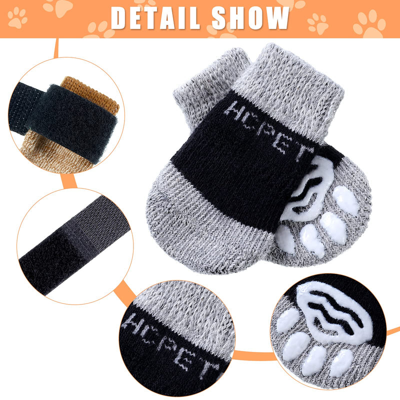 Frienda 8 Pieces Pet Knit Socks Anti-Slip Dog Cat Socks Adjustable Paw Protector for Small Puppies and Kittens Traction Control S Black-Grey, Khaki - PawsPlanet Australia