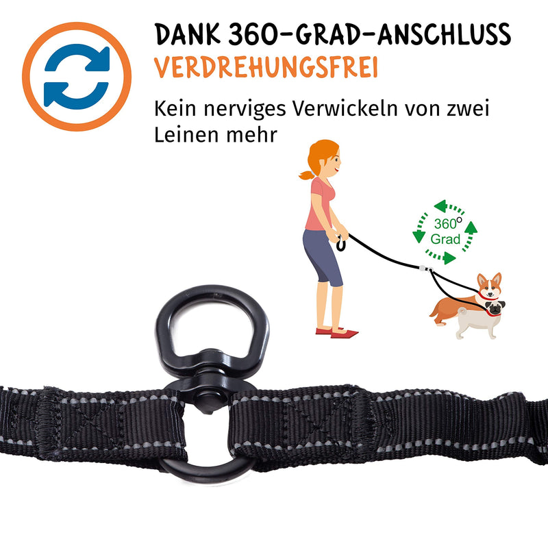 Floxik double leash complete set large | Flexible, reflective premium dog leash for two dogs to be coupled with a short holder, black, large - PawsPlanet Australia