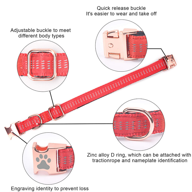 SEKAYISORE 4 Lines Reflective Stitching Dog Collar with Safety Metal Buckle, Adjustable Super Soft Webbing Puppy Collars for Small Medium Large Pet, Red M M Neck Fit 31-50cm/ 12.2-19.7" - PawsPlanet Australia
