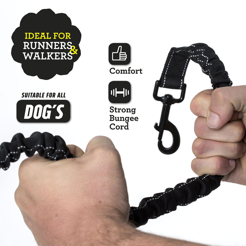 Premium Strong Dog Lead - Anti Pull Shock Absorbing Bungee Leash with Traffic Control Handle - Foam Barrel Handle - Reflective for Night Time Walking Black - PawsPlanet Australia