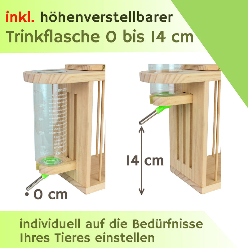 Three Oaks® hay rack including height-adjustable drinking bottle. For guinea pigs, rabbits, hares, hamsters and much more. Untreated FSC wood. Perfect for small animal stables, rabbit accessories, rodent drinking bottle - PawsPlanet Australia