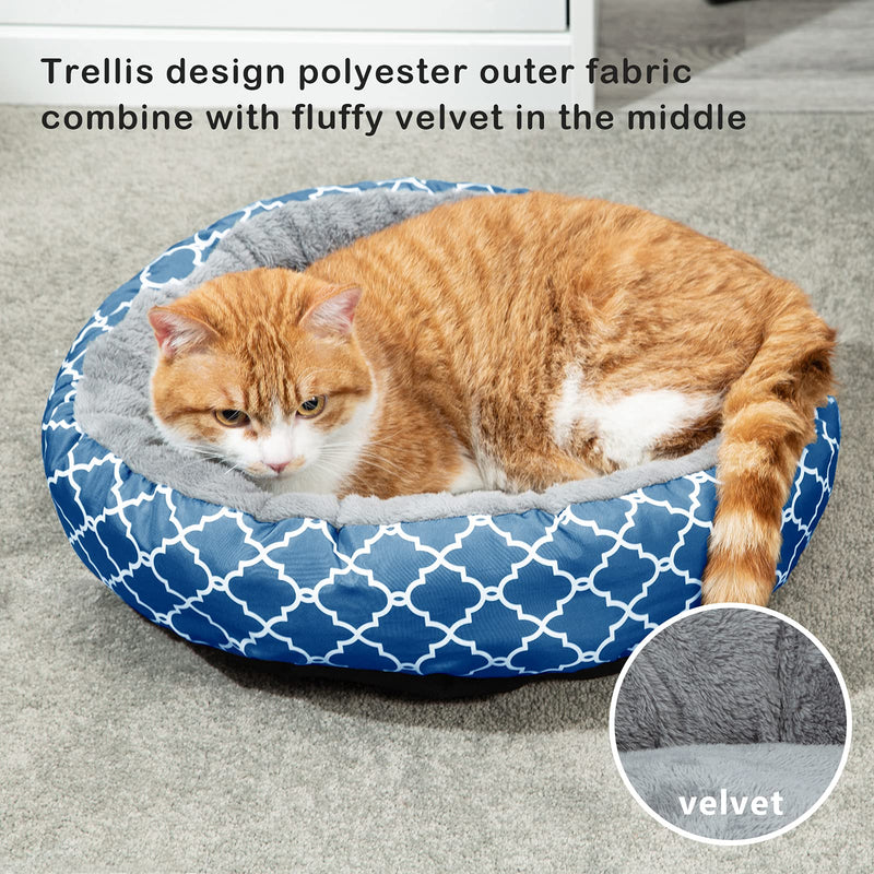 Joyreap Round Pet Bed for Puppies/Kitties/Bunnies- 17 inches, Trellis Design Polyester with Velvet Donut Cat Bed, Fluffy Dog Bed Cuddler Cushion for All Season Blue - PawsPlanet Australia