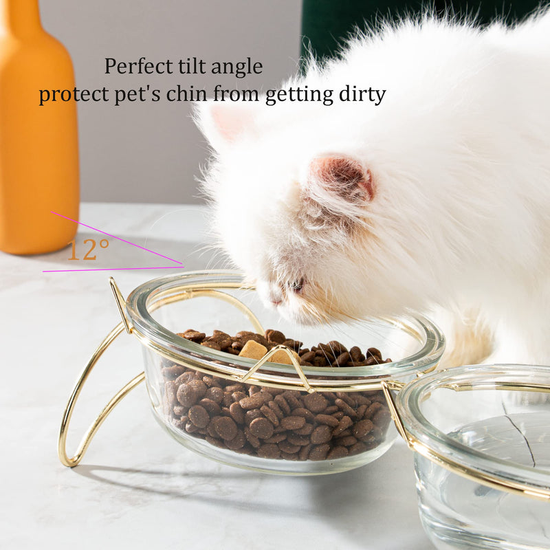Elevated Pet Bowls for Cats and Small Dogs, 12° Tilted Raised Bowls, Feeding Dishes for Food and Water, Thicken Solid Glass Stand Feeder Set for Cats and Puppy - PawsPlanet Australia