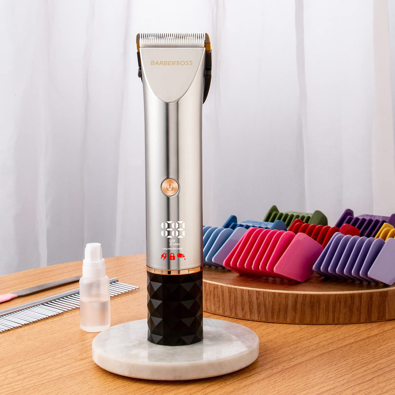 BarberBoss QR-9081 Low Noise Pet Grooming Kit with 2 Speed Settings, Ceramic Blades, USB Charging, LED Display and 8 Comb Attachments - PawsPlanet Australia