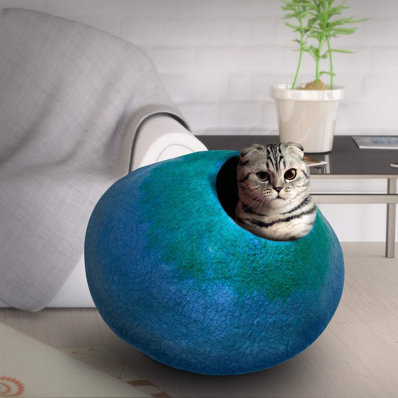[Australia] - Juccini Handcrafted Felted Wool Cat Cave Bed for Cat and Kittens - Felted from 100% Natural Wool Green/Blue Cave Medium 