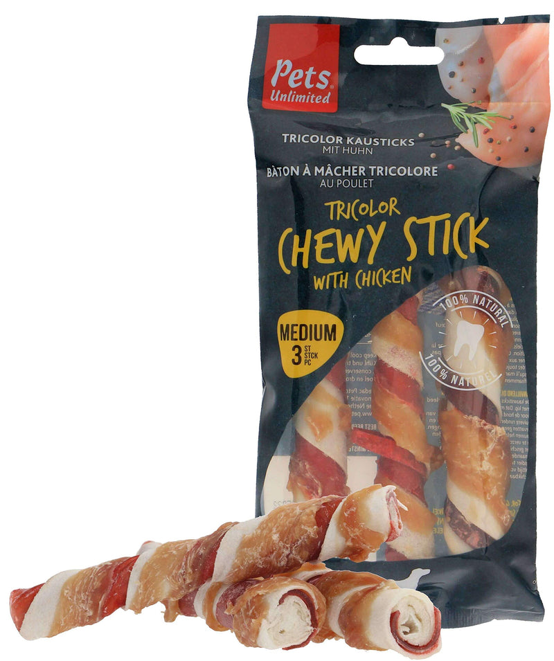 Pets Unlimited Tricolor Chewy Sticks with Chicken Medium, 3pc transparent M (Pack of 3) - PawsPlanet Australia