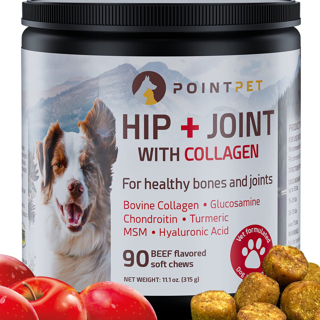 POINTPET Dog Hip & Joint Support Supplement - Bovine Collagen, Glucosamine Chondroitin, Turmeric - Beef Flavored Soft Chews - Vet Formulated for Mobility, Flexibility, Hip and Joint Support, 90 Chews - PawsPlanet Australia