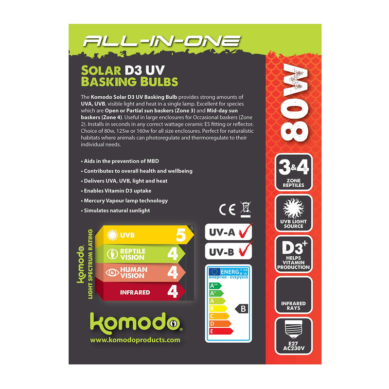 Komodo Solar D3 UV 80W Basking Bulb, Heat and Light Bulb for Reptile Habitats, Terrarium and Vivarium Light and Heat Bulb, 82297 - PawsPlanet Australia