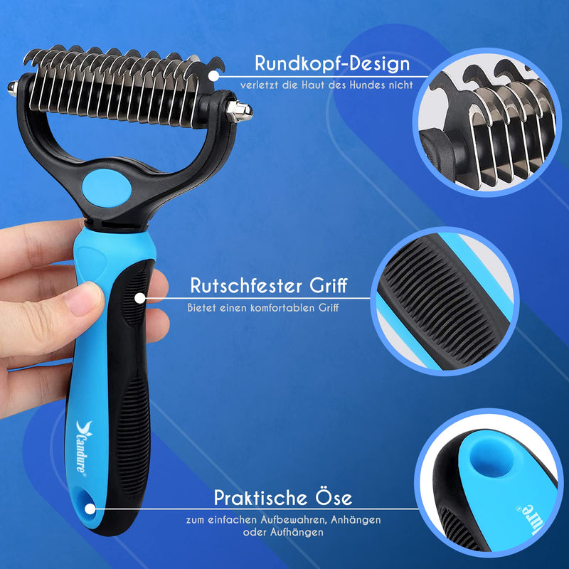 Candure Dog Brush Long Hair and Cat Brush Double Sided 9+17 Stainless Steel Undercoat for Small and Large Dogs, Removing Detangling Knots and Short Hair Breeds (Blue) Blue - PawsPlanet Australia