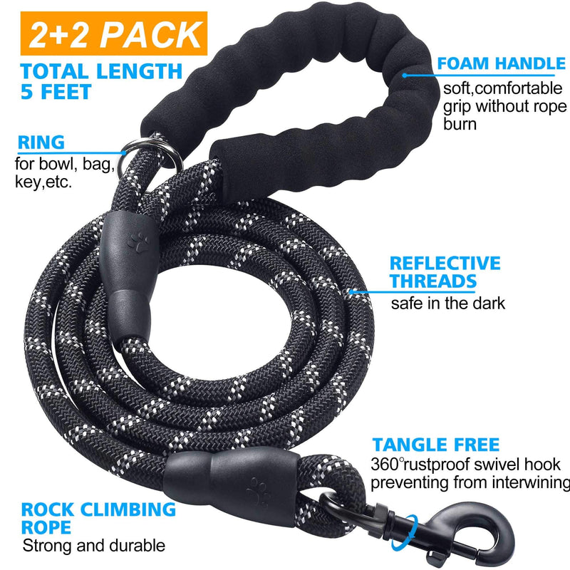 ladoogo 2 Pack 5 FT Heavy Duty Dog Leash with Comfortable Padded Handle Reflective Dog leashes for Medium Large Dogs 1/2" x 5FT (for dogs 18-120 lbs.) Black+Black (2+2pack) - PawsPlanet Australia