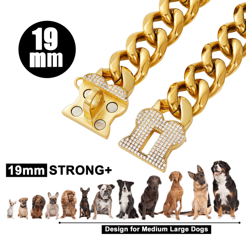 ToBeTrendy Dog Chain Collar Metal Chain with Bling Bling Design Secure, 18K Gold Cuban Link Chain 19MM Strong Heavy Duty Chew Proof Walking Collar for Small Medium Large Dogs(Flower Buckle, 12") Flower Buckle 12"(For Dog Neck 9.5-11.5") - PawsPlanet Australia