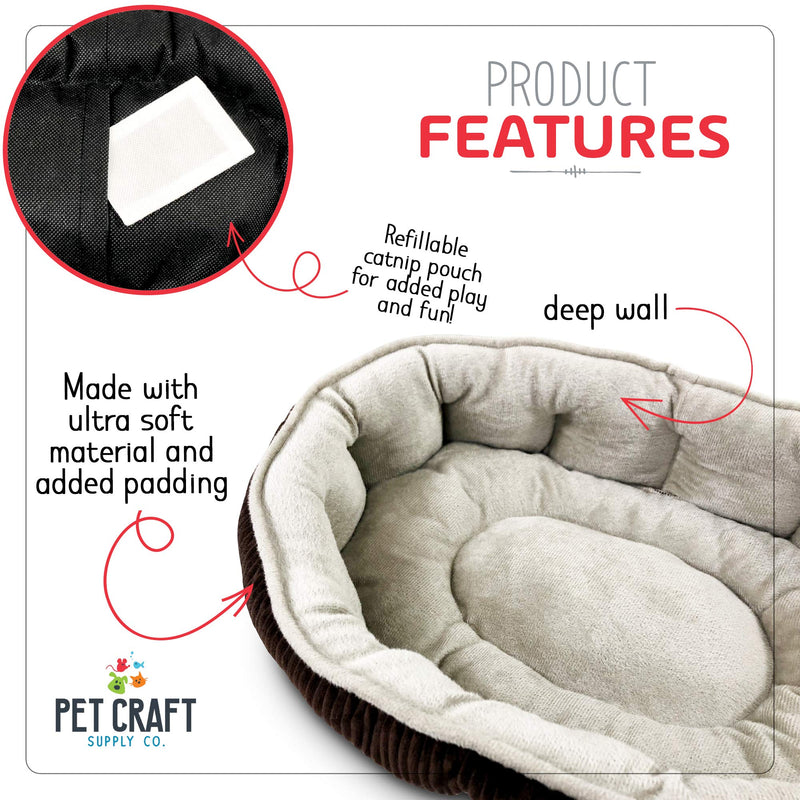 [Australia] - Simple Sleeper Self Warming Cute Calming Cat Bed With Ultra Soft Luxury Plush Including Refillable Catnip Pouch - Perfect for Indoor Cats Brown 