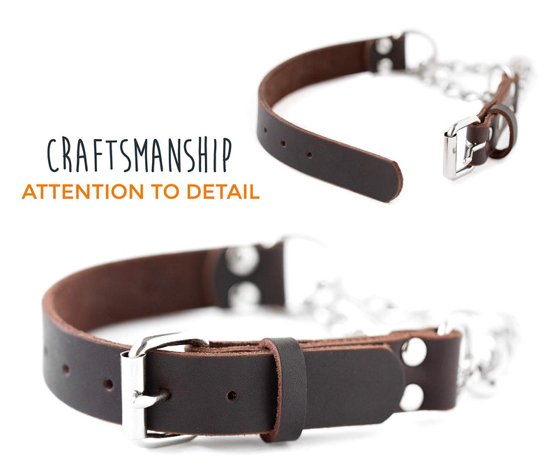 Mighty Paw Leather Training Collar, Martingale Collar, Stainless Steel Chain - Premium Quality Limited Chain Cinch Collar. Small Brown - PawsPlanet Australia