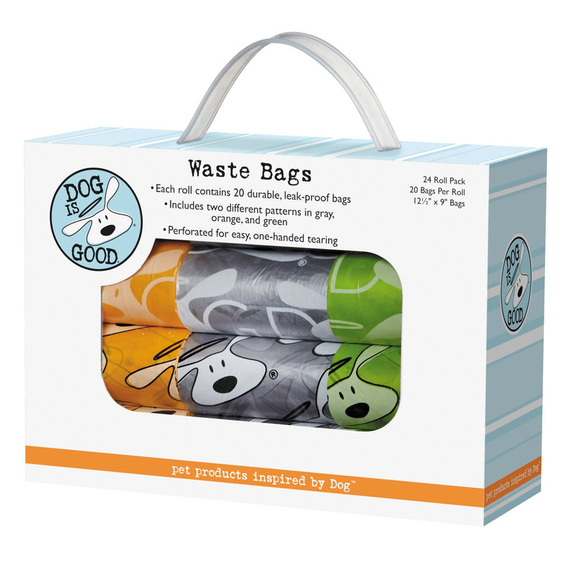 [Australia] - Dog is Good Signature Pet Waste Bags, 24-Packs, 480 Bags - Durable Leakproof Plastic Poop Bags - Assorted Designs Clear, Yellow, Green 