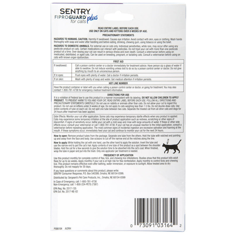 [Australia] - Sentry Fiproguard Plus for Cats, Squeeze-On 1.5 Pounds and over 3-Count 