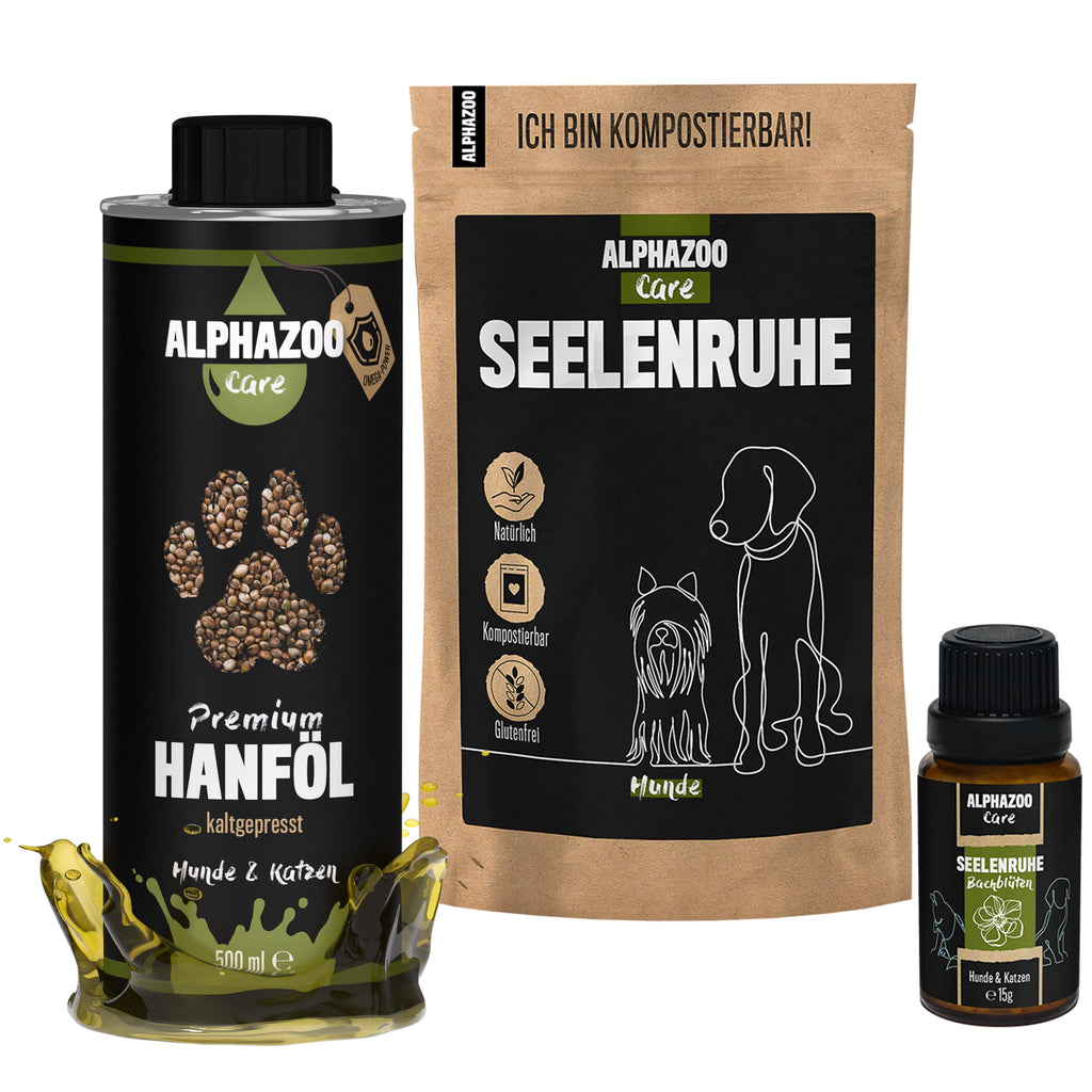 Alphazoo Peace of Mind Trio Set Calming Agent for Dogs, Peace of Mind Tabs & Bach Flowers for Stress & Anxiety, Hemp Seed Oil for Immune System & Coat Care, Food Oil, Natural Relaxation for Dogs - PawsPlanet Australia