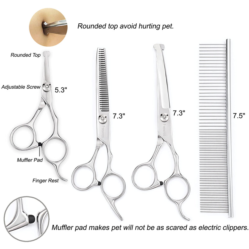 Freewindo Dog Grooming Scissors Kit, Safety Round Tip, Heavy Duty Stainless Steel Dog Scissors and Dog Nail Clippers, 6 in 1 Dog Grooming Kit Scissors for Dogs and Cats - PawsPlanet Australia