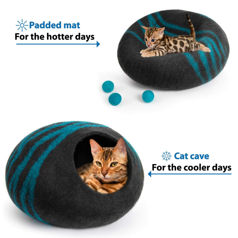 MEOWFIA Premium Cat Bed Cave (Large) - Eco Friendly 100% Merino Wool Beds for Cats and Kittens Asphalt/Aquamarine - PawsPlanet Australia