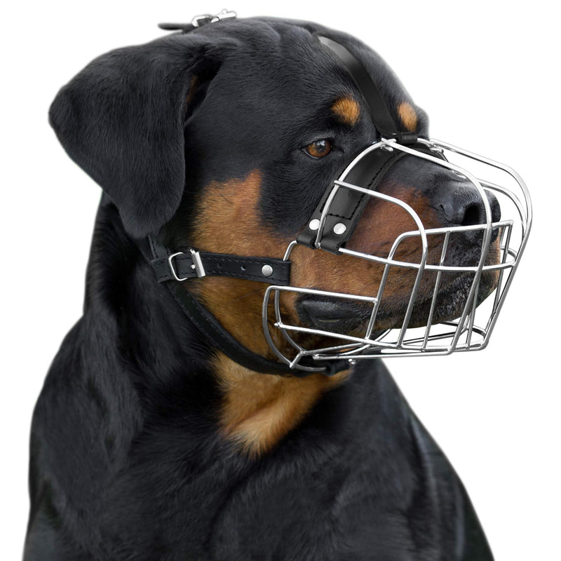 [Australia] - BRONZEDOG Dog Muzzle Wire Basket Rottweiler Adjustable Leather Straps (L) 