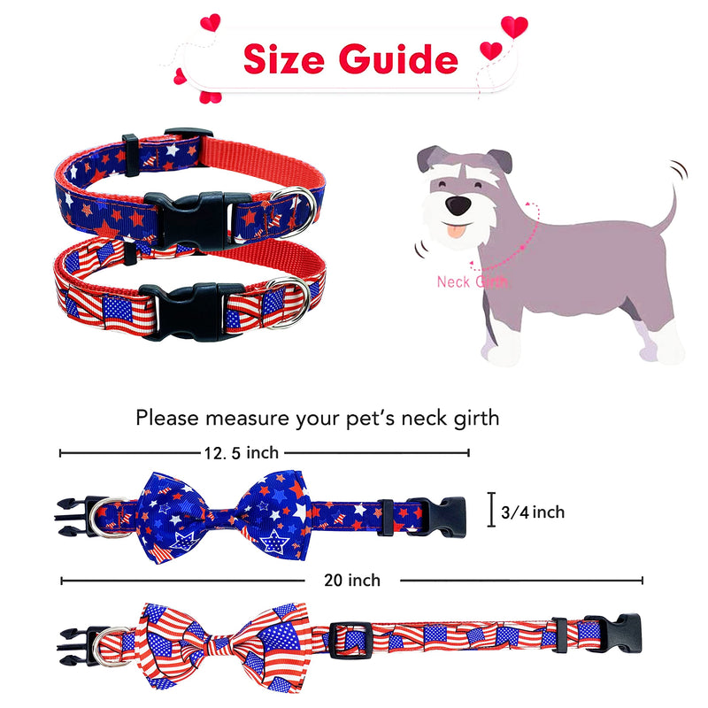 4th of July Holiday Dog Collar with Bow Tie, USA Independence Day Patriotic Collar for Small Medium Large Dogs Pets Puppies (Small) Small-(11"-17") Neck * 5/8" Wide - PawsPlanet Australia