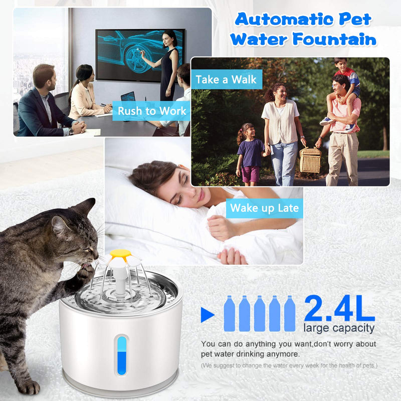 Plartree Cat Water Fountain, 2.4L Cat Water Fountain Stainless Steel, Silent Automatic Water Dispenser with Night Light and 3 Carbon Filter and LED Water Level Window,Waterfall Flower Style Fountain - PawsPlanet Australia