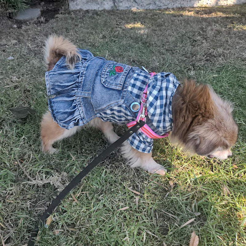 SILD Pet Clothes Dog Jeans Dress Classic Hoodie Stripe Dress for Small Medium Dog Cat Adorable Puppy Outfits L Blue plaid - PawsPlanet Australia