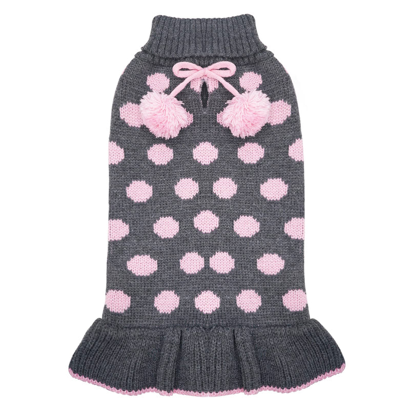 KYEESE Dog Sweater Dress Turtleneck Polka Dot Dog Sweaters with Leash Hole Knitwear Warm Pet Sweater with Pom Pom Ball X-Small (Pack of 1) Polkadot (Grey) - PawsPlanet Australia
