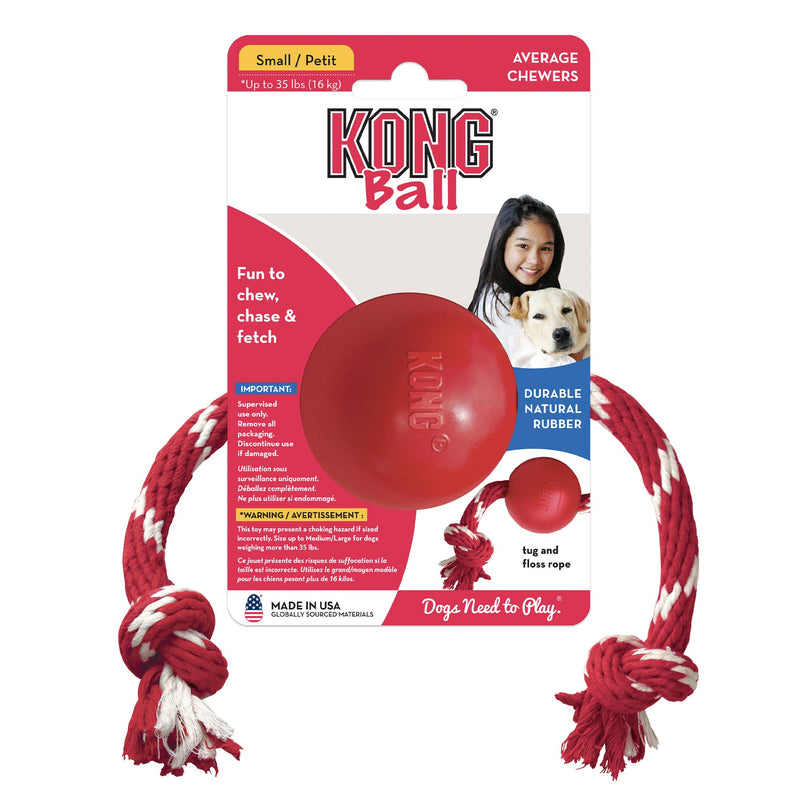 KONG - Ball with Rope - Durable Rubber, Fetch and Chew Toy - For Small Dogs - PawsPlanet Australia