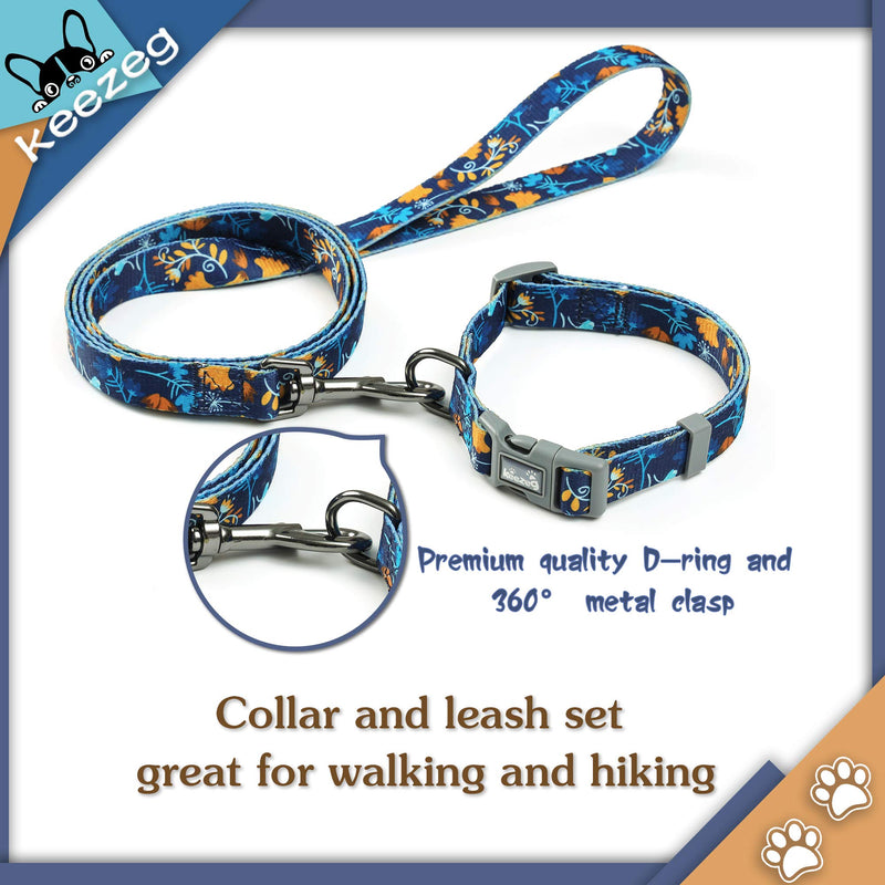 keezeg Dog Collar and Leash Set, Dog Collar for Small Medium Large Dogs and Cats，Cute Floral Print Dog Collar for Girls and Boys, Spring & Summer Themed Pattern, Dark Blue (XS) XS: 0.4" Wide for 6.7"-9.8" Neck, 5ft Leash - PawsPlanet Australia