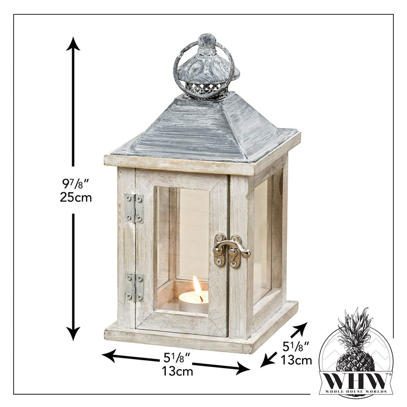 WHW Whole House Worlds Farmers Market Wooden Candle Lantern Hurricane, Rustic Dark Metal Roof, Shabby Weathered Finish, White Stained Fir, 10 Inches Tall Galvanized Metal Floor Plate - PawsPlanet Australia