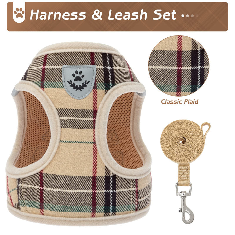 Soft Mesh Plaid Puppy Harness - Small Dog Harness and Leash Set, Adjustable & Comfortable Padded Reflective Vest for Puppies and Small Breeds Dogs Walking Small (Pack of 1) Beige - PawsPlanet Australia