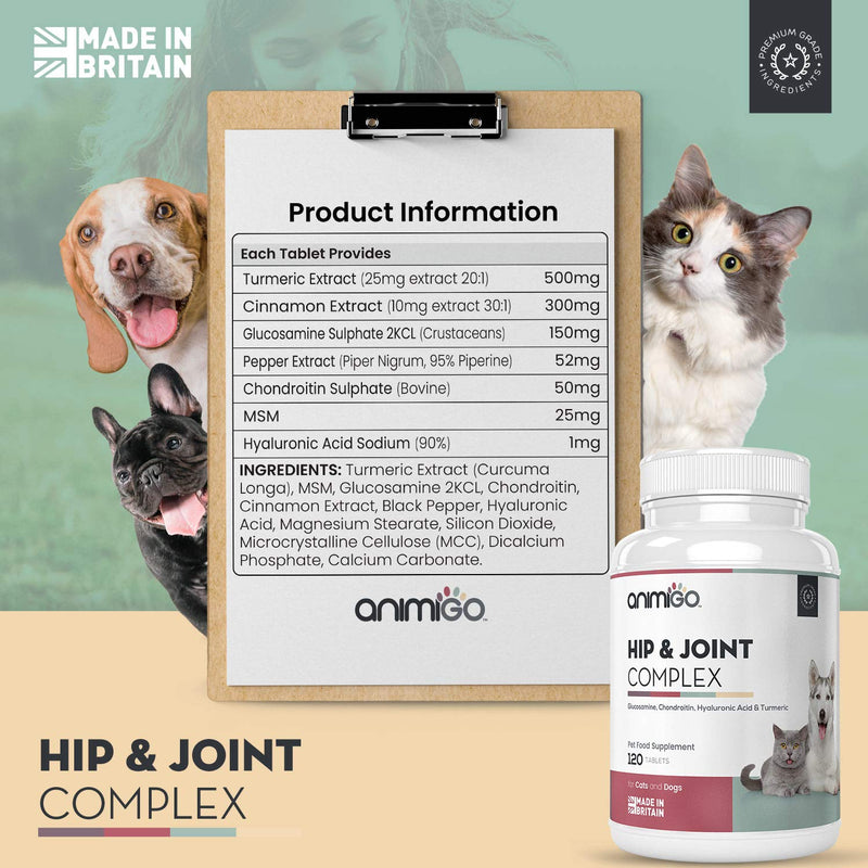 Animigo Hip & Joint Complex For Dogs & Cats - 120 Chicken Flavour Tablets - With Glucosamine, Chondroitin MSM and Turmeric - Support For Ageing & Stiff Pet Joints - Senior Dog And Cat Mobility Aid - PawsPlanet Australia