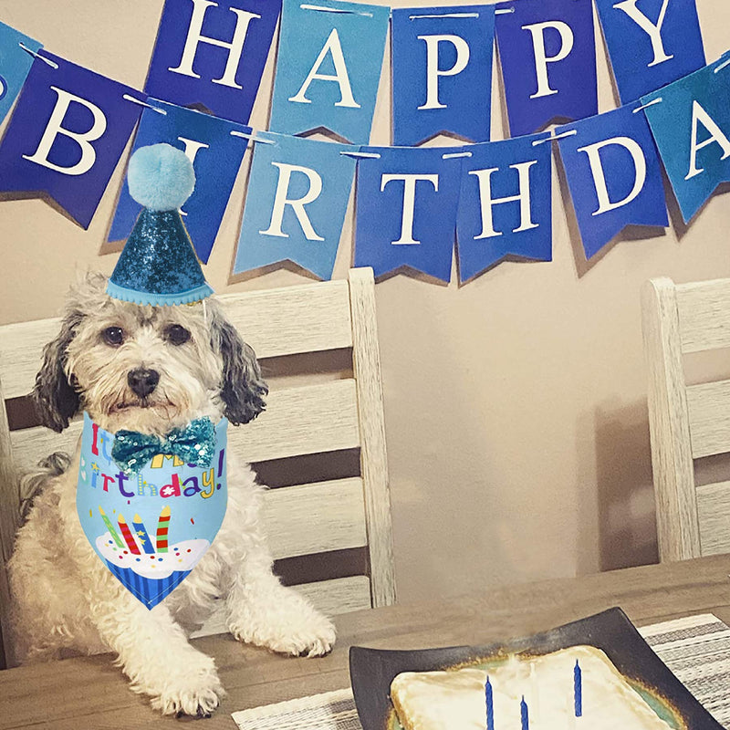 Dog Birthday Bandana Set, Dog Birthday Party Supplies, Birthday Boy Dog Bandana Hat Dog Bow Tie Happy Birthday Banner Dog Boy First Birthday Outfit (Blue) Blue - PawsPlanet Australia