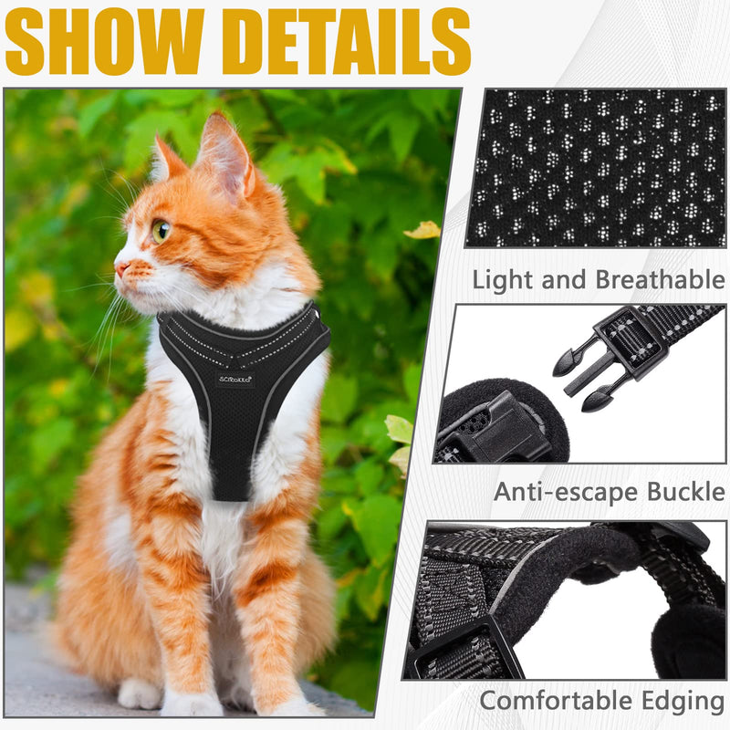 SCIROKKO Black Cat Harness and Leash Set - Soft Breathable Mesh Pet Vest Harness, Adjustable Escape Proof Kitty Strap with Reflective Tape for Walking Outdoors Safety at Night Small - PawsPlanet Australia