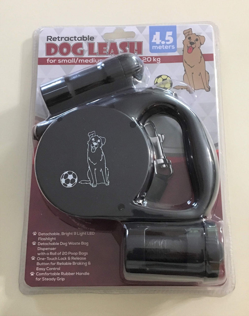 [Australia] - Lifehack Pet Products Retractable Dog Leash with LED Flashlight & Waste Bag Dispenser (All-in-one Leash) - for Small/Medium Dogs up to 20 kg Black 