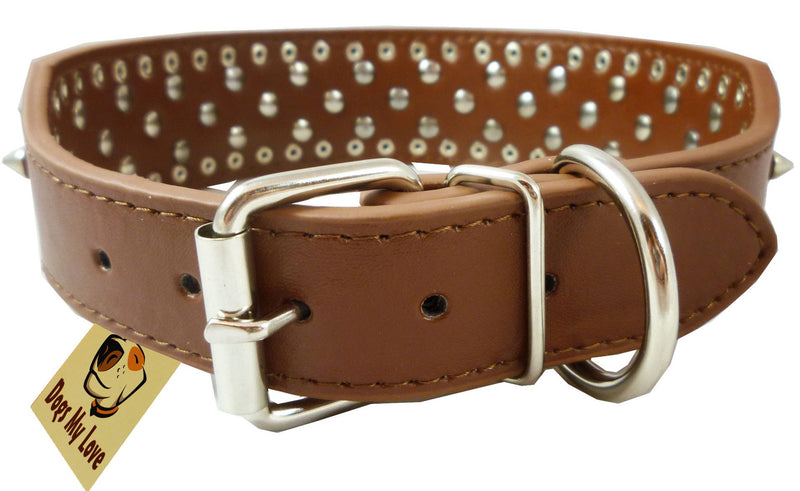 [Australia] - 17"-20" Brown Faux Leather Spiked Studded Dog Collar 2" Wide, 31 Spikes 52 Studs, Pit Bull, Boxer 