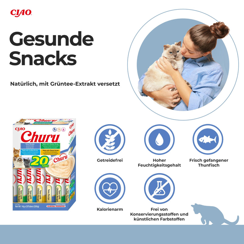 INABA Churu Puree Multipack - cat treat for hand feeding - 20 tubes: 5x tuna, 5x tuna with chicken, 5x tuna with scallop and 5x tuna with cheese tuna & scallops 1 pack (4 sticks x 14g) - PawsPlanet Australia