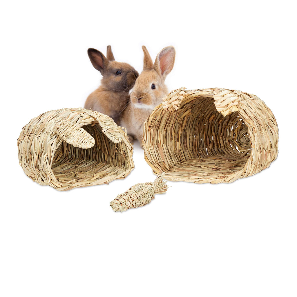 Relaxdays rabbit house, 3-piece set, grass houses, rabbit toys, small animal accessories for rodents, 2 sizes, natural - PawsPlanet Australia